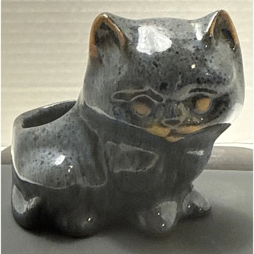 Ceramic Cat Shaped‎ Planter Garden Kitten Succulent Plant Container Blue & Brown